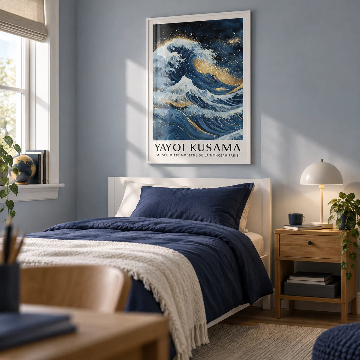 Blue Gold Wall Decor, framed on the wall of a calm teen boy's bedroom (13-17) with a pale blue-grey wall