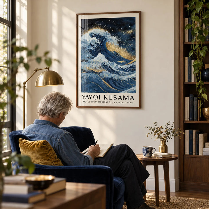 Blue Gold Wall Decor, framed on the wall of a quiet study with a cream wall