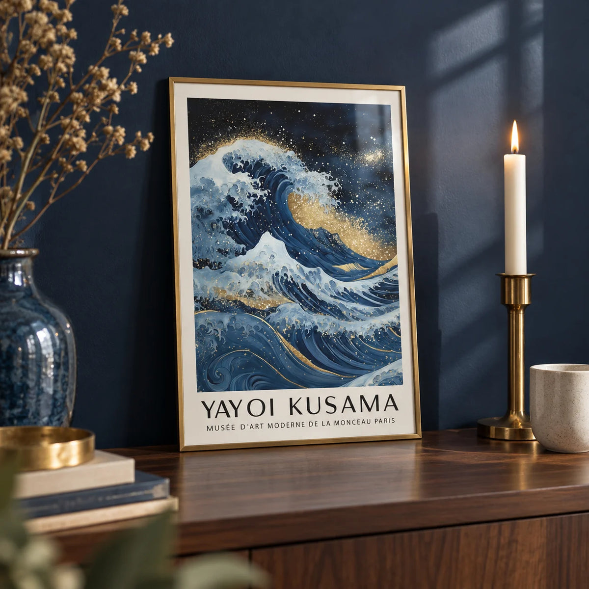 Blue Gold Wall Decor, a small A4 framed print leaning on a walnut shelf in a living room
