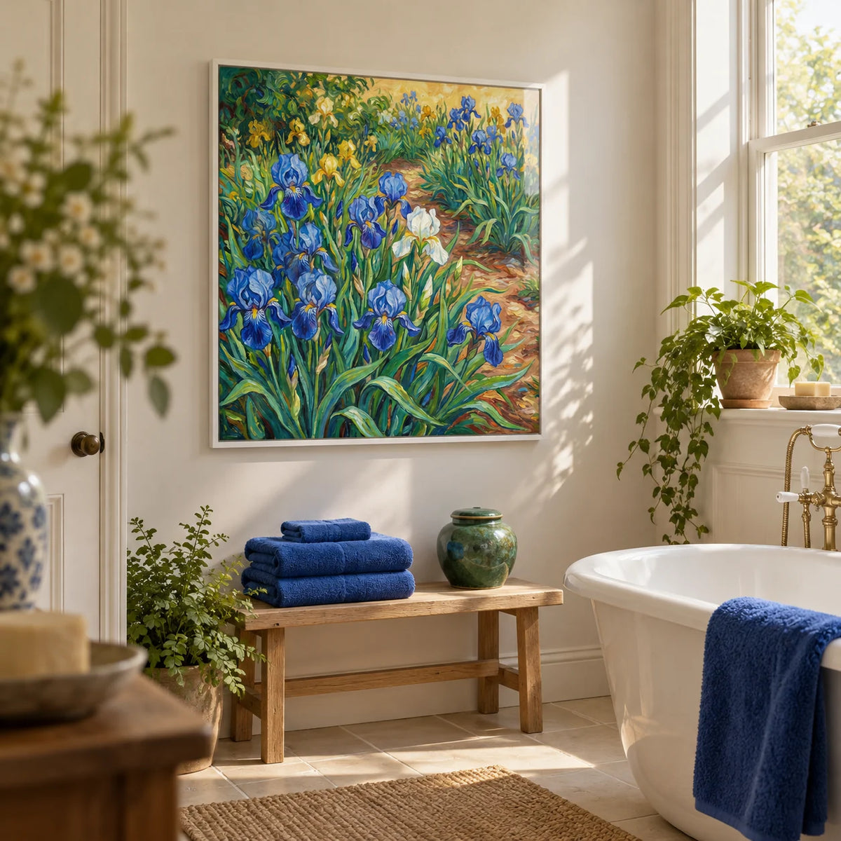 Blue Iris Art Print, framed on the wall of a bright botanical bathroom in a Victorian terrace with warm white walls and plain ivory tiles