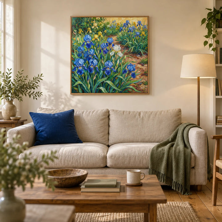 Blue Iris Art Print, framed on the wall of a characterful living room in a British terraced house with warm ivory plaster walls and honey oak floorboards