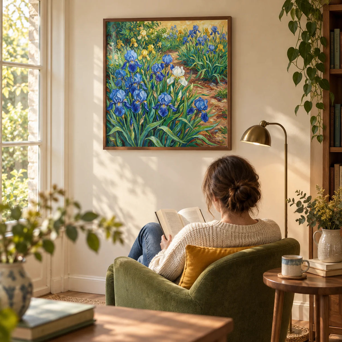 Blue Iris Art Print, framed on the wall of a quiet garden-facing reading corner in a UK home with a warm cream wall in a living room