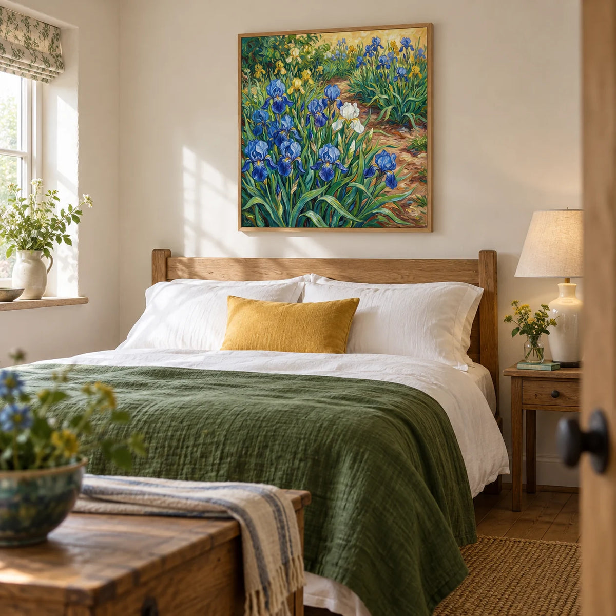 Blue Iris Art Print, framed on the wall of a restful main bedroom in a renovated UK cottage with pale cream walls and exposed oak floorboards