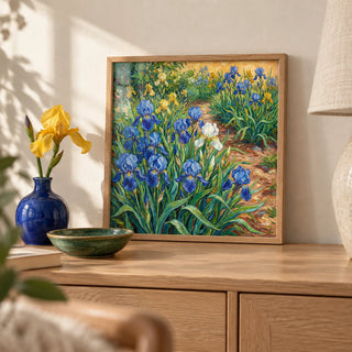 Blue Iris Art Print, a small A4 framed print leaning on a pale oak sideboard in a living room