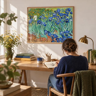 Blue Iris Wall Art, framed on the wall of a calm home study with a white wall