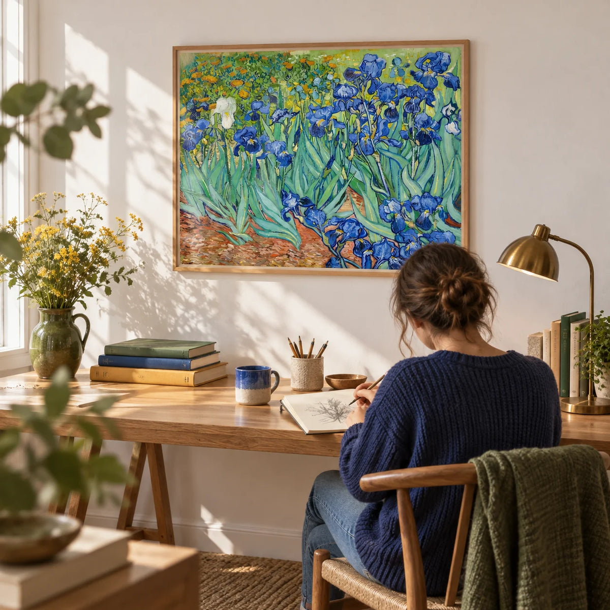 Blue Iris Wall Art, framed on the wall of a calm home study with a white wall