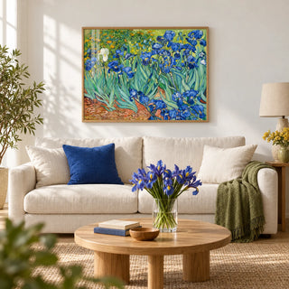 Blue Iris Wall Art, framed on the wall of a calm living room with a soft white wall and a light oak floor