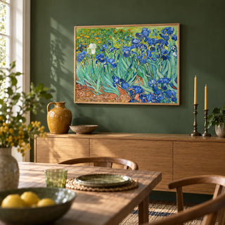 Blue Iris Wall Art, framed on the wall of a dining room with a deep leaf green wall