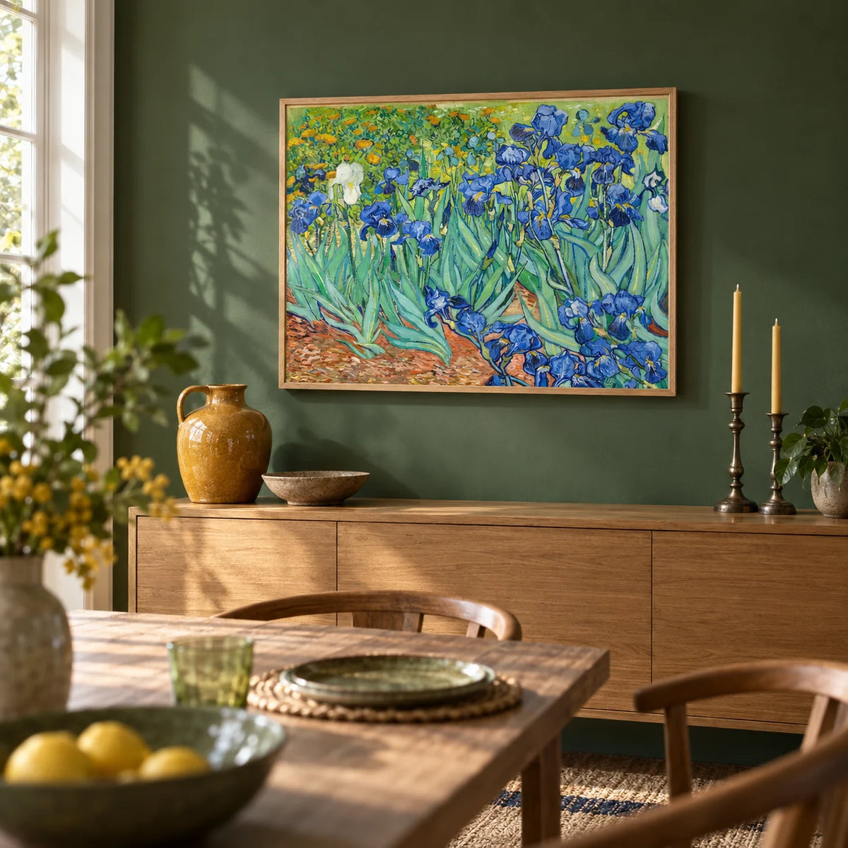 Blue Iris Wall Art, framed on the wall of a dining room with a deep leaf green wall