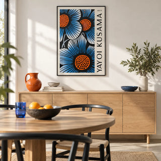 Blue Living Room Wall Art, framed on the wall of a modern dining room with a white wall