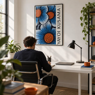 Blue Living Room Wall Art, framed on the wall of a modern home office with a white wall