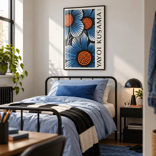 Blue Living Room Wall Art, framed on the wall of a modern single bedroom for a young adult (18-25) in a first flat