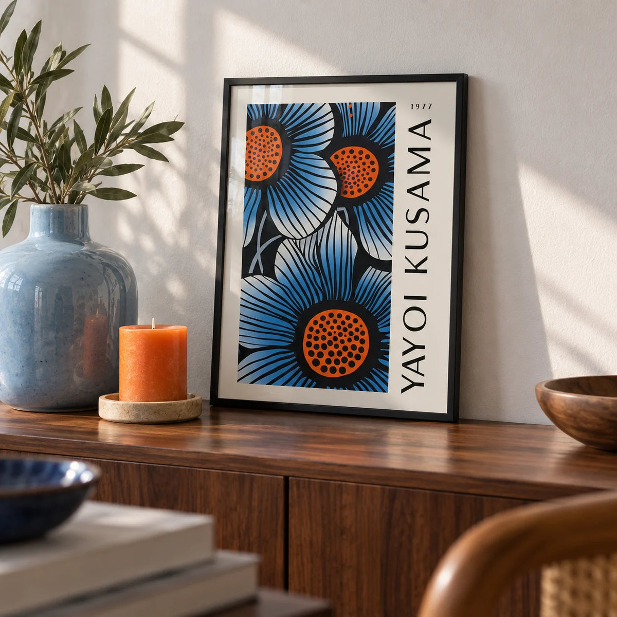 Blue Living Room Wall Art, a small A4 framed print leaning on a walnut sideboard