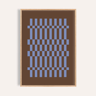 Blue Loom, Bauhaus minimalism art print with periwinkle blue woven bars on chocolate brown