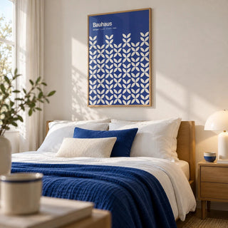 Blue Modern Wall Art, framed on the wall of a crisp modern bedroom
