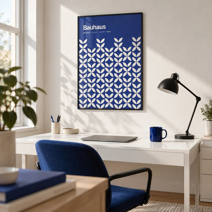 Blue Modern Wall Art, framed on the wall of a crisp modern home office