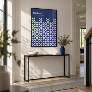 Blue Modern Wall Art, framed on the wall of a minimal hallway