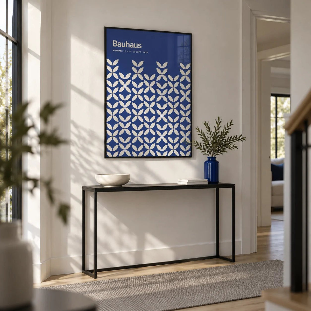 Blue Modern Wall Art, framed on the wall of a minimal hallway