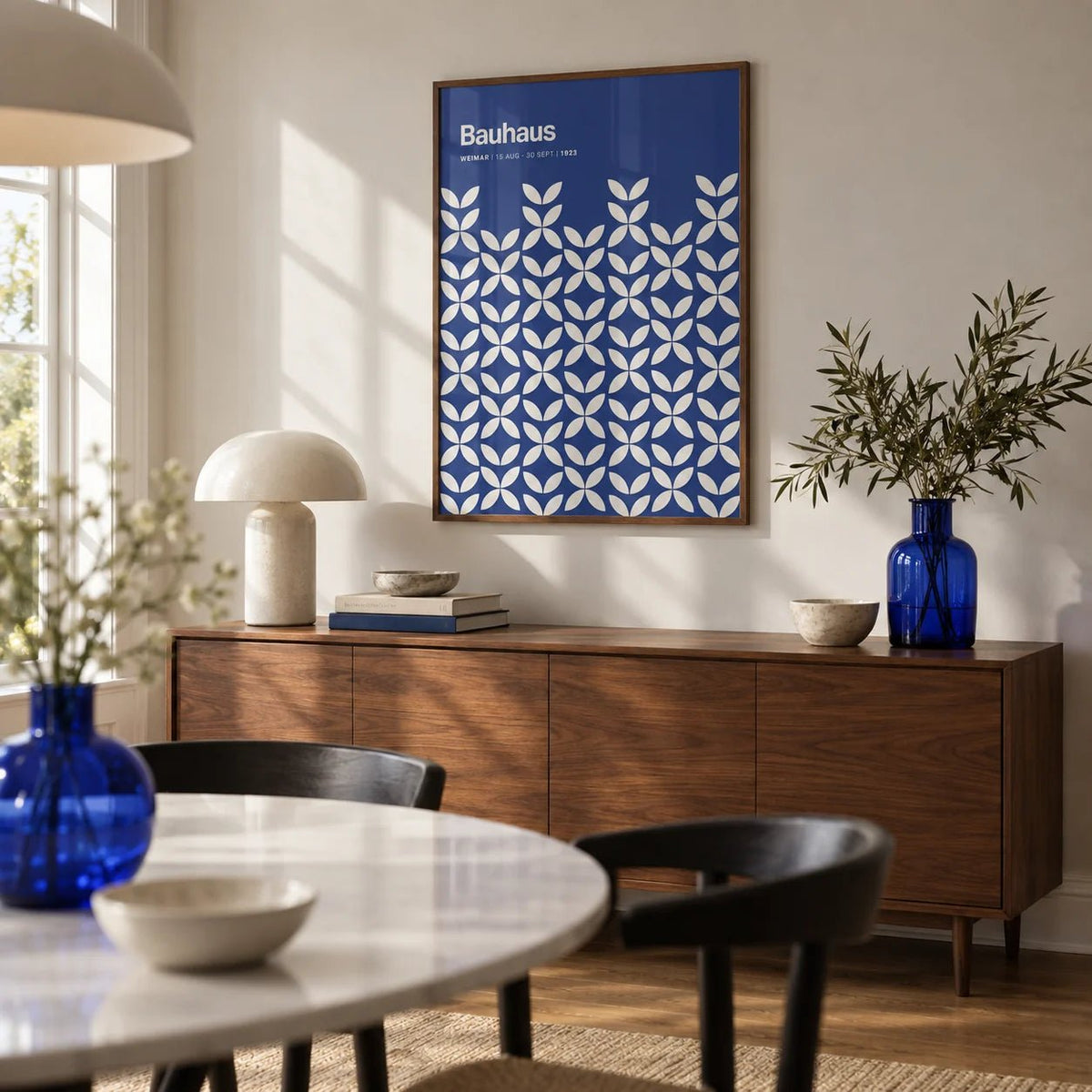 Blue Modern Wall Art, framed on the wall of a modern dining room