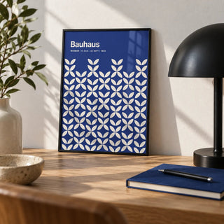 Blue Modern Wall Art, a small A4 framed print leaning on an oak desk