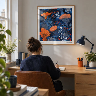 Blue Orange Wall Art, framed on the wall of a compact home study in a UK flat for an adult art lover (25-40)