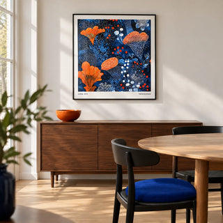 Blue Orange Wall Art, framed on the wall of a crisp dining room in a design-led UK home with a soft white wall and pale oak floor