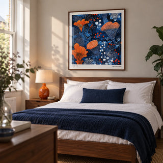 Blue Orange Wall Art, framed on the wall of a modern bedroom in a renovated UK terrace with a pale warm grey wall and walnut furniture