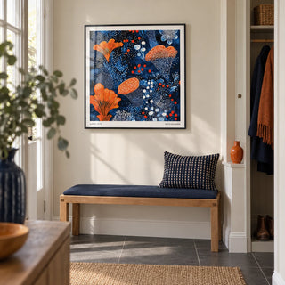 Blue Orange Wall Art, framed on the wall of a modern hallway in a UK terraced house with a warm white wall