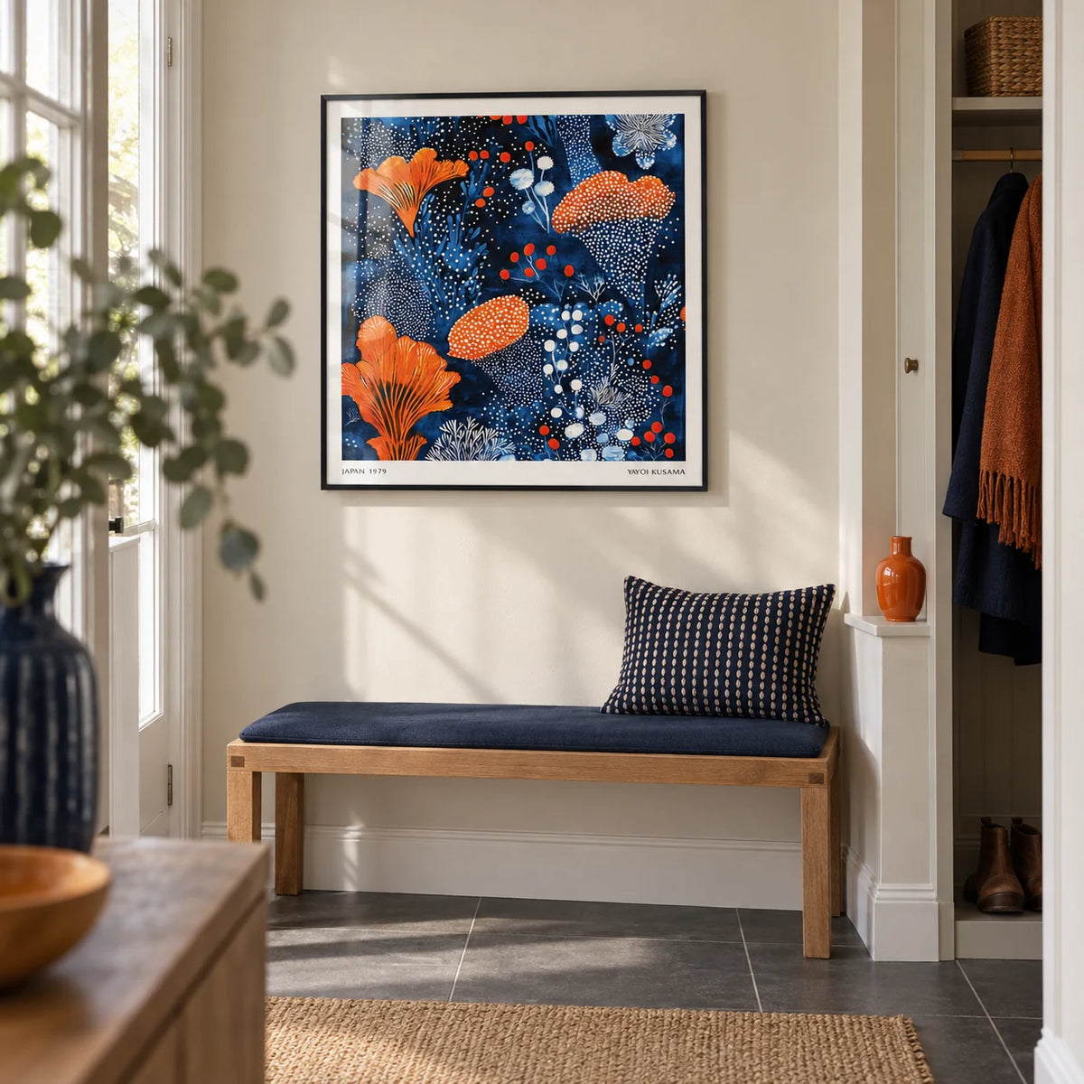 Blue Orange Wall Art, framed on the wall of a modern hallway in a UK terraced house with a warm white wall