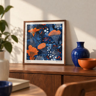Blue Orange Wall Art, a small A4 framed print leaning on a walnut sideboard in a living room