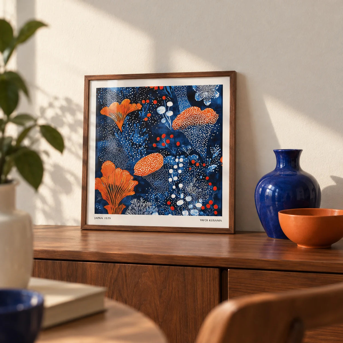Blue Orange Wall Art, a small A4 framed print leaning on a walnut sideboard in a living room