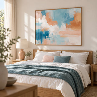 Blue Pink Abstract Painting, framed on the wall of a calm bedroom with a soft white wall
