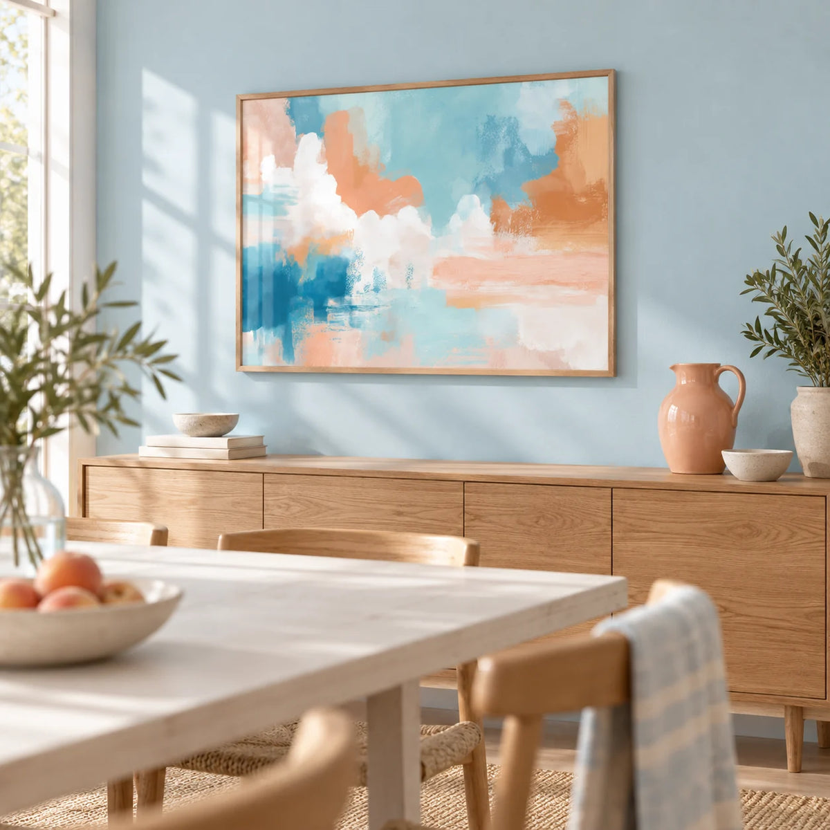 Blue Pink Abstract Painting, framed on the wall of a light dining room with a pale blue wall