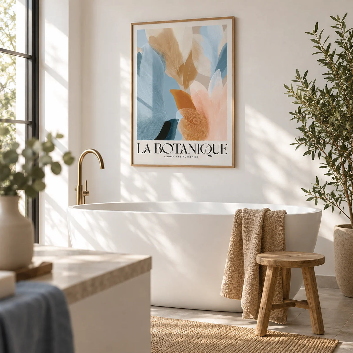 Blue Pink Wall Art, framed on the wall of a calm bathroom with plain white walls