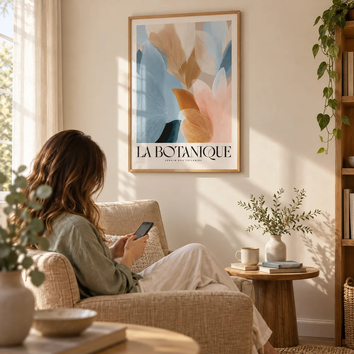 Blue Pink Wall Art, framed on the wall of a reading corner with a cream wall in a living room