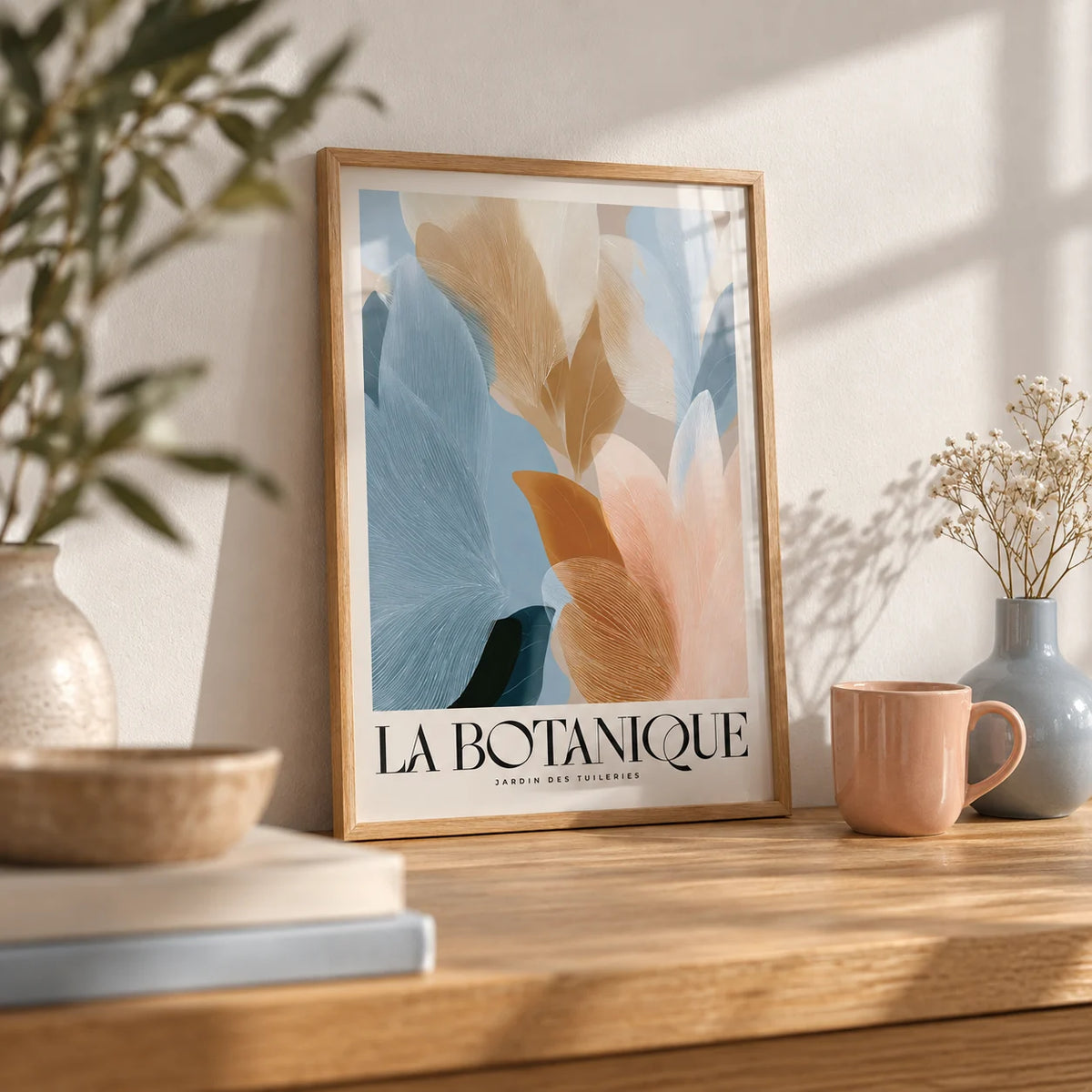Blue Pink Wall Art, a small A4 framed print leaning on an oak shelf in a living room