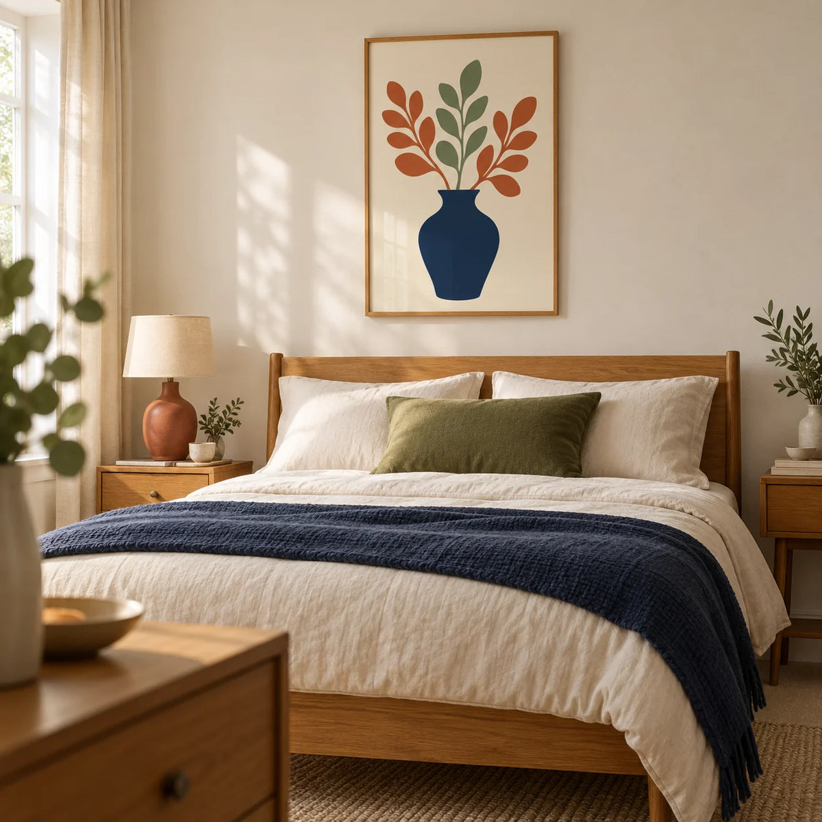 Blue Vase Print, framed on the wall of a calm adult bedroom in a UK home with warm white walls and mid-century oak furniture