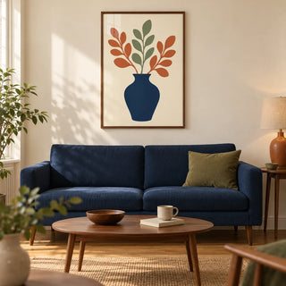 Blue Vase Print, framed on the wall of a mid-century living room in a UK terraced home with warm cream walls and oak floorboards