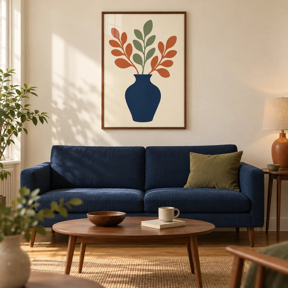 Blue Vase Print, framed on the wall of a mid-century living room in a UK terraced home with warm cream walls and oak floorboards