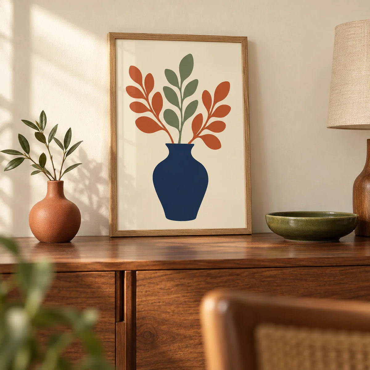 Blue Vase Print, a small A4 framed print leaning on a walnut sideboard in a living room