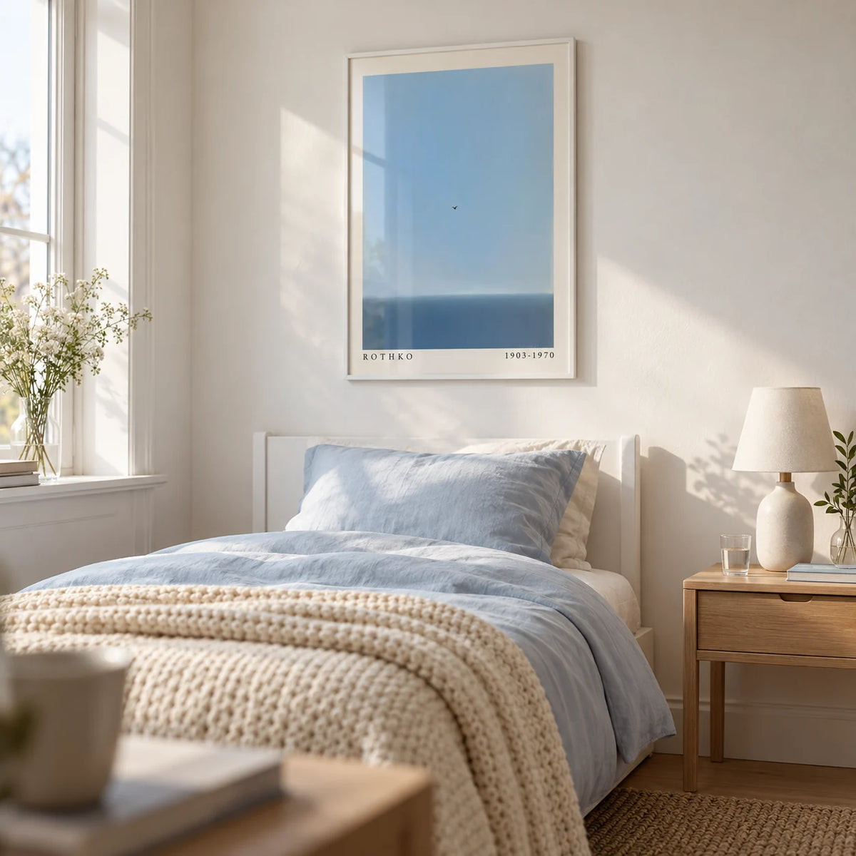 Blue Wall Art, framed on the wall of a calm single guest bedroom with a white wall