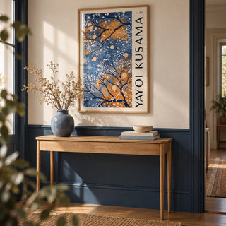 Blue Wall Art for Living Room, framed on the wall of a calm hallway with a navy painted lower wall and a cream upper wall