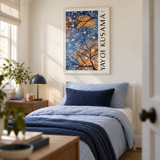 Blue Wall Art for Living Room, framed on the wall of a calm single guest bedroom with a soft cream wall