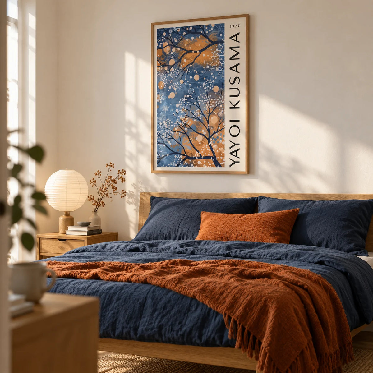 Blue Wall Art for Living Room, framed on the wall of a quiet bedroom with a warm white wall