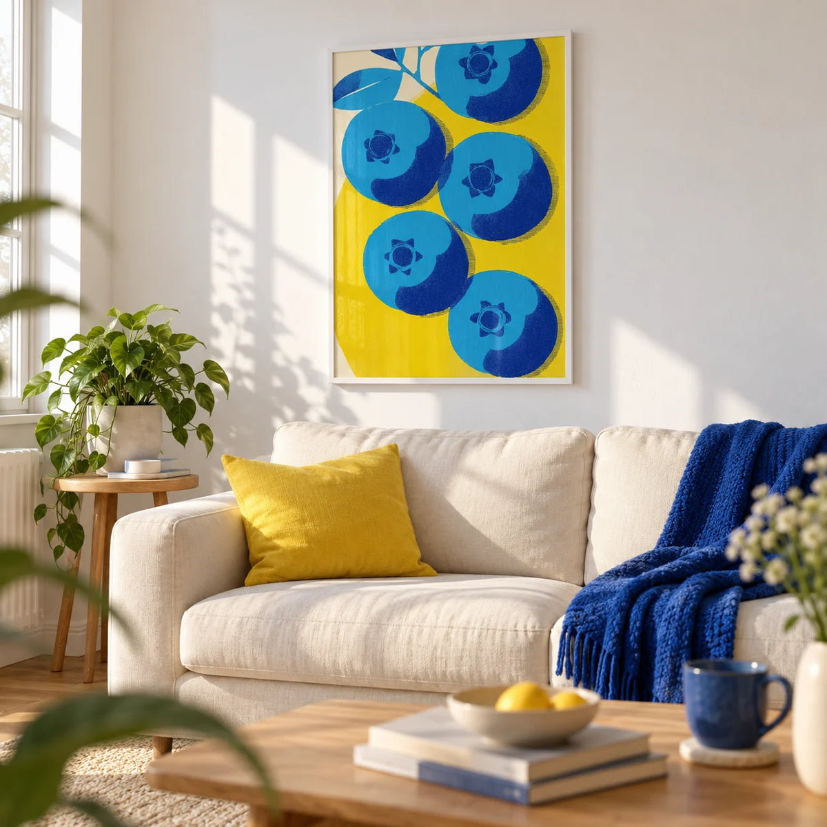 Blueberry Wall Art, framed on the wall of a bright first-flat living room (22-30) with a white wall
