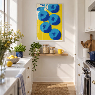 Blueberry Wall Art, framed on the wall of a small white galley kitchen with a pale oak floor