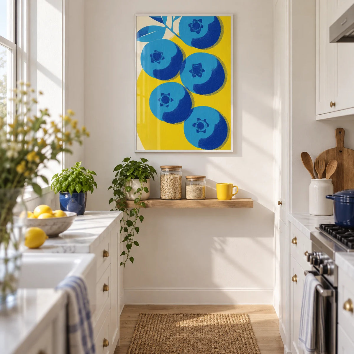 Blueberry Wall Art, framed on the wall of a small white galley kitchen with a pale oak floor