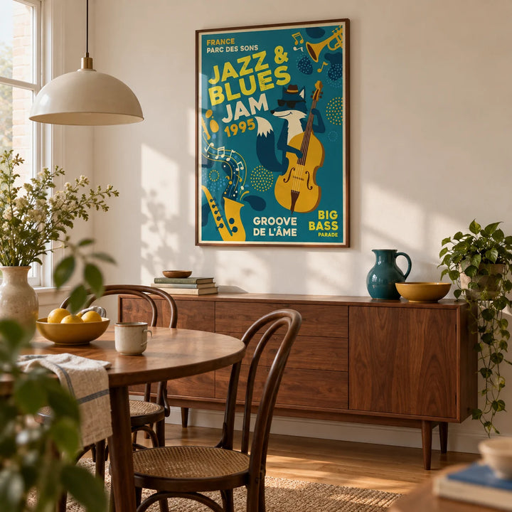 Blues Concert Print, framed on the wall of a characterful modern dining room in a UK flat with an off-white wall and plain oak floor