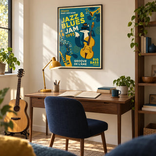 Blues Concert Print, framed on the wall of a compact home music study with cream walls and simple walnut shelving