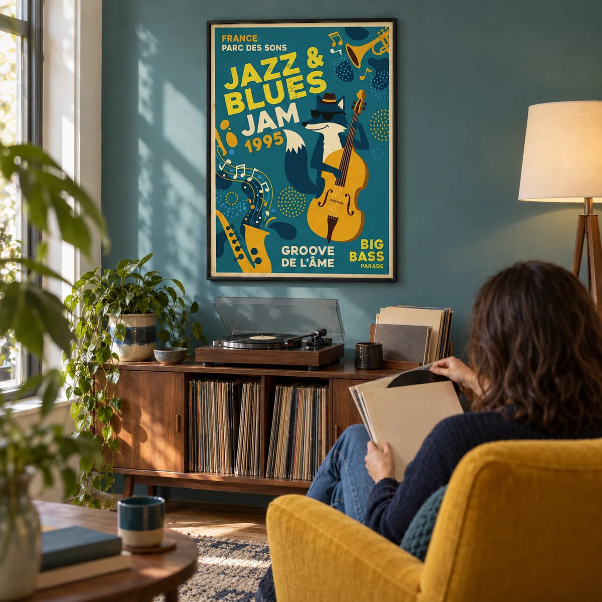 Blues Concert Print, framed on the wall of a dedicated listening corner in a music lover’s terraced home with a muted teal wall in a living room